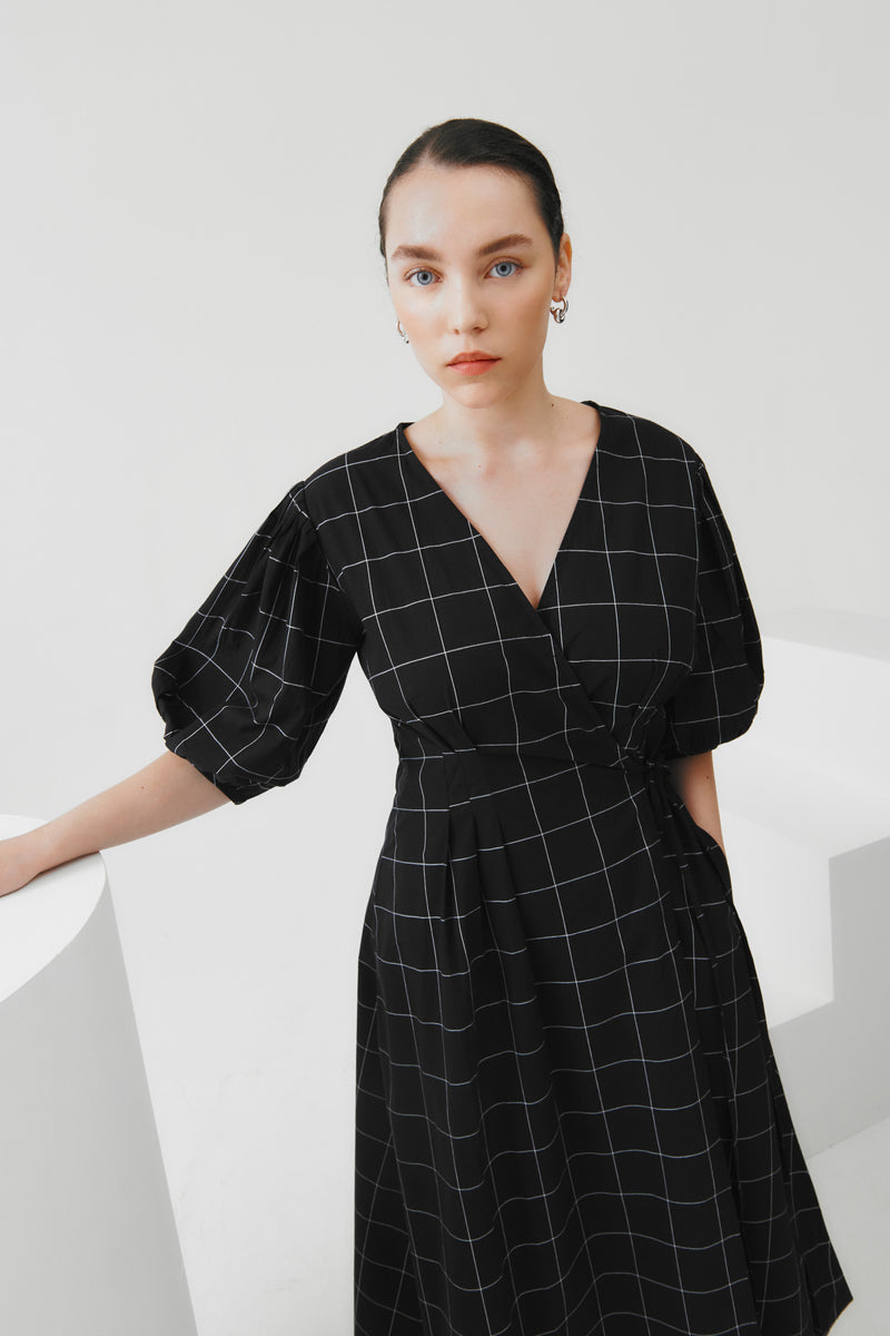 Shop Etel Wrap Dress - Black Grid ...